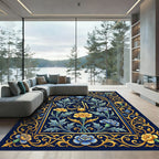 Gilded Floral Navy Arabesque Medallion Rug