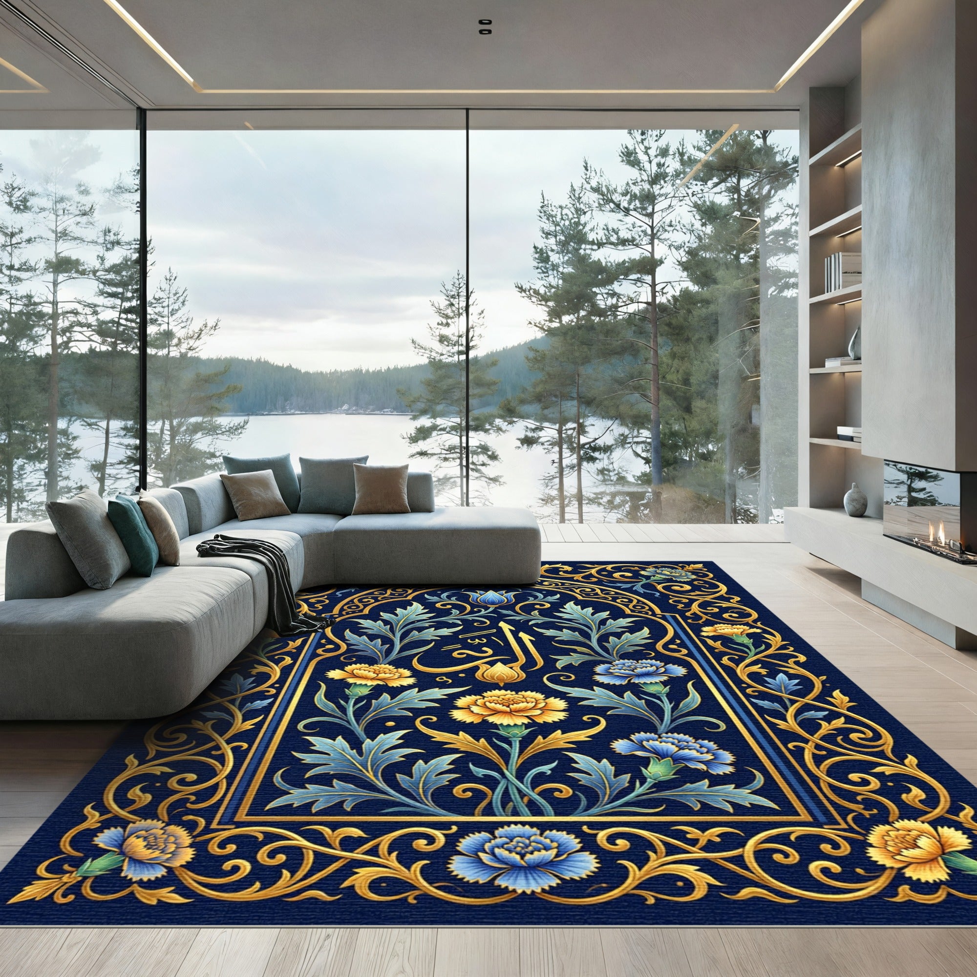 Gilded Floral Navy Arabesque Medallion Rug