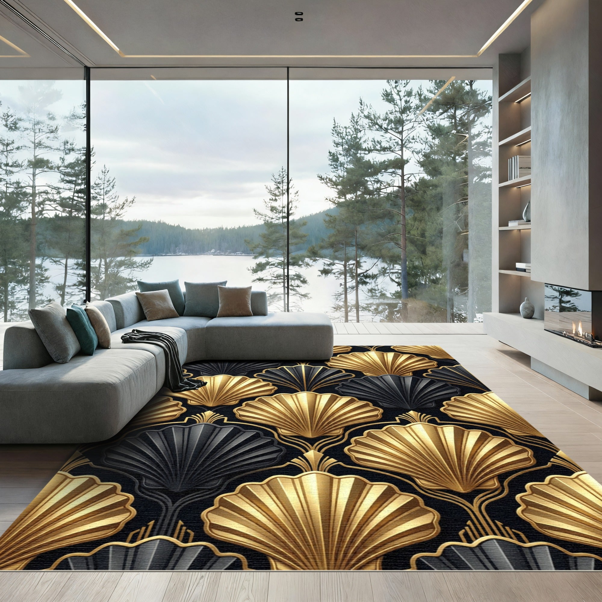 Gold Black Fan Art Deco Rug