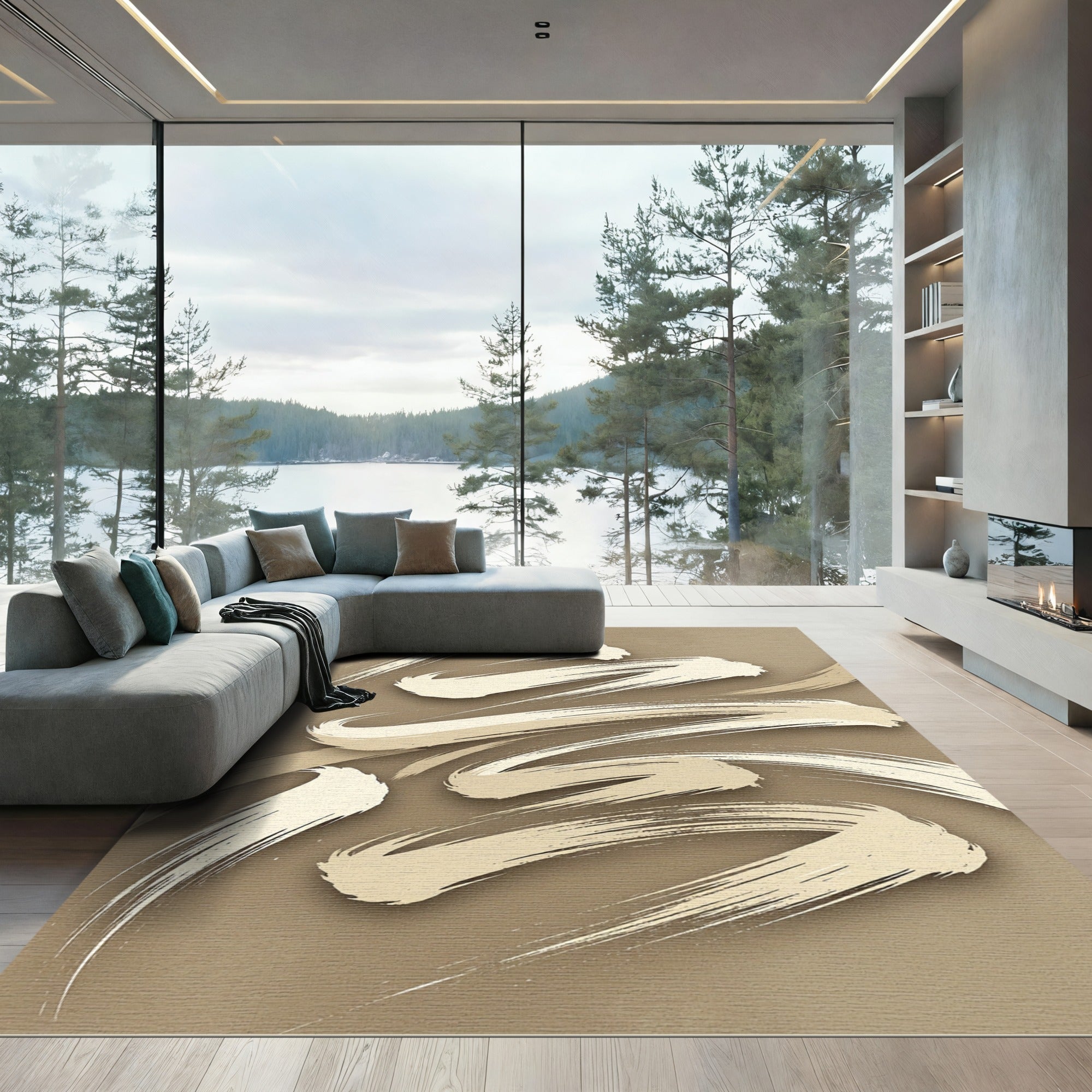 Minimalist Beige Zen Brush Stroke Rug