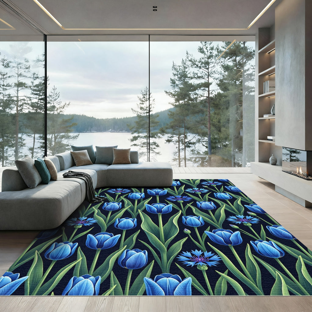 Elegant Blue Tulip and Cornflower Botanical Rug