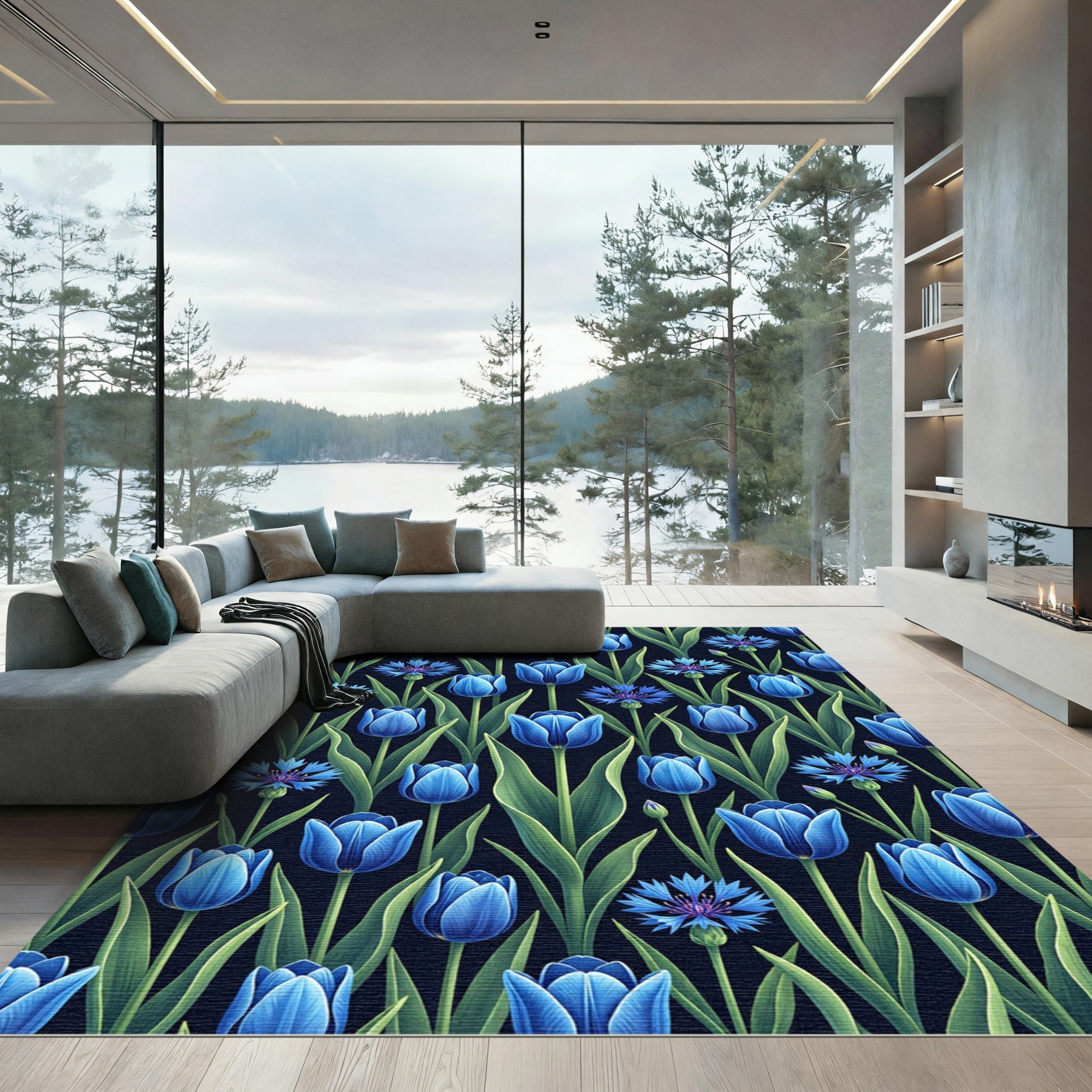 Elegant Blue Tulip and Cornflower Botanical Rug