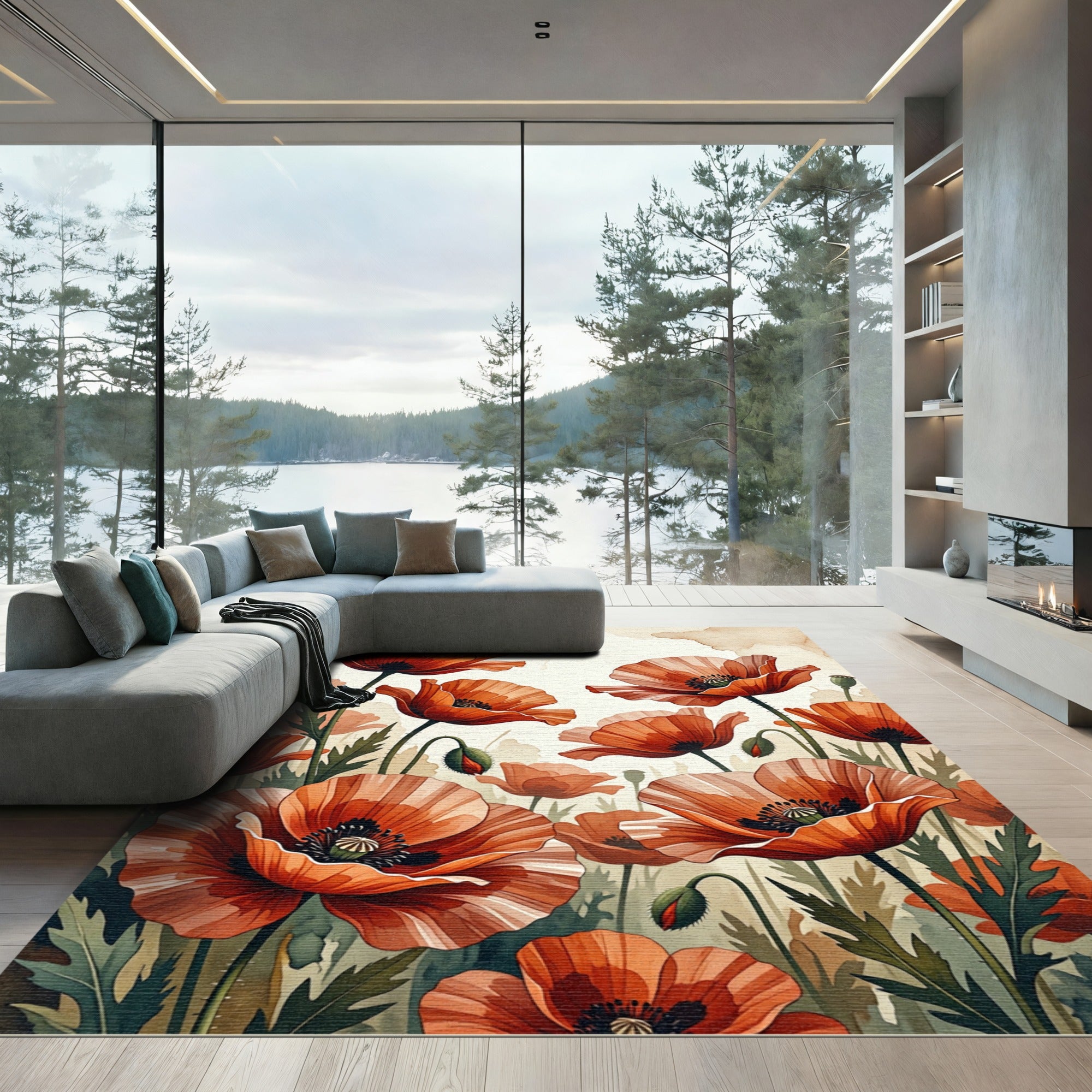 Vibrant Orange Poppy Flower Landscape Rug