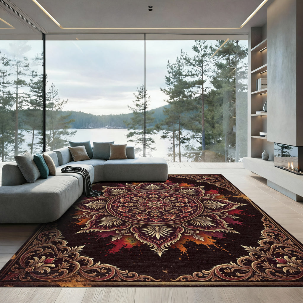 Opulent Crimson Gold Ornate Mandala Art Rug