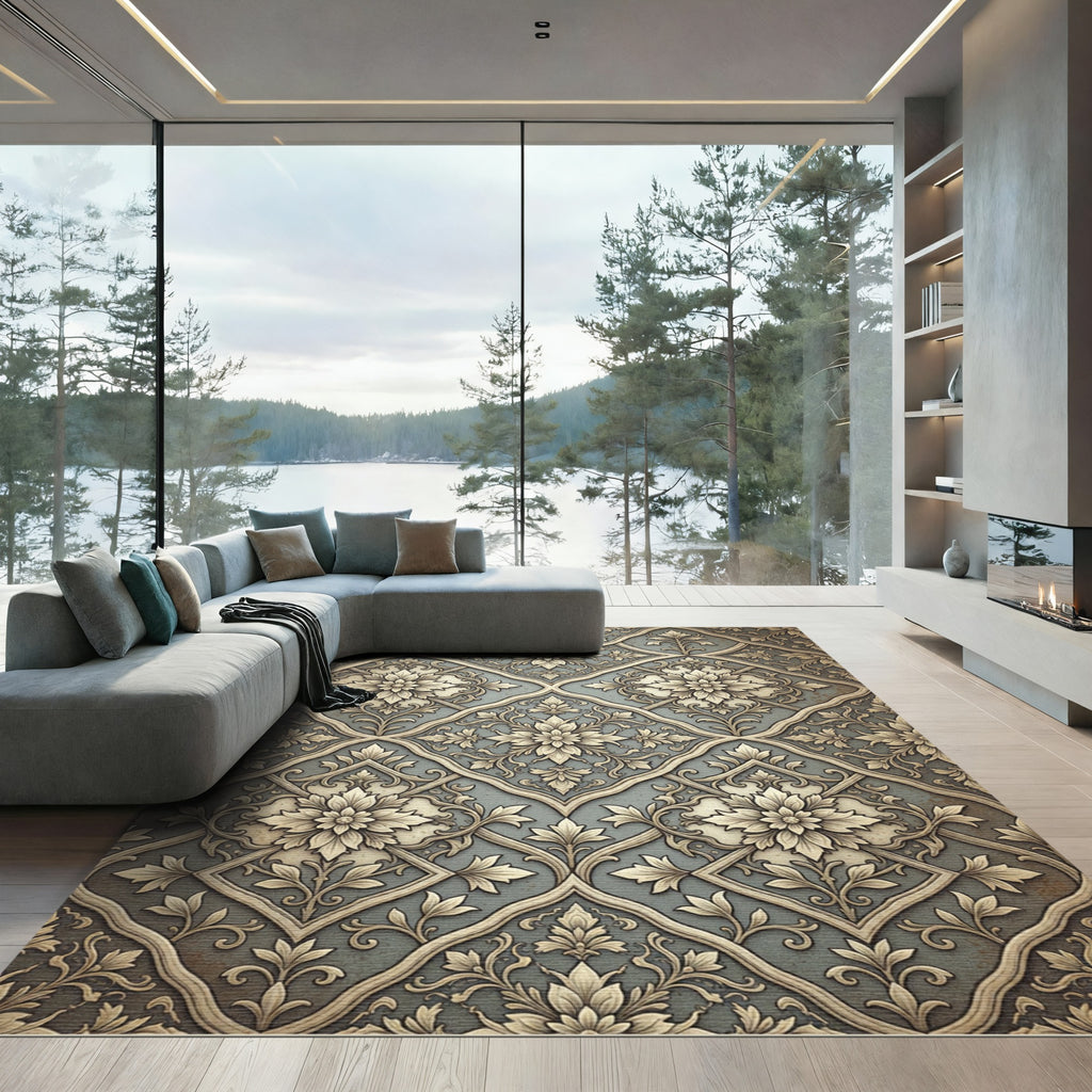Elegant Sage and Gold Damask Scroll Rug