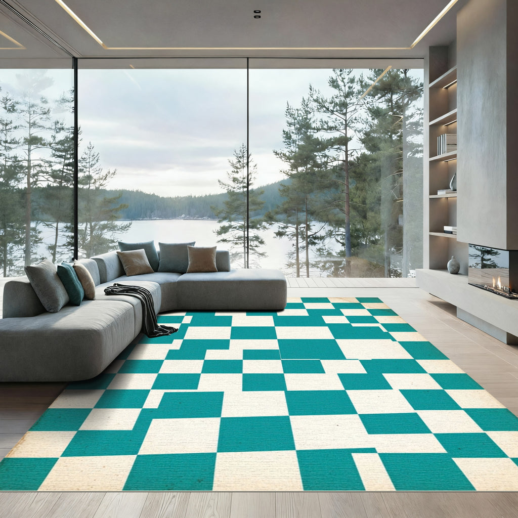 Teal and Ivory Distorted Checkered Block Rug