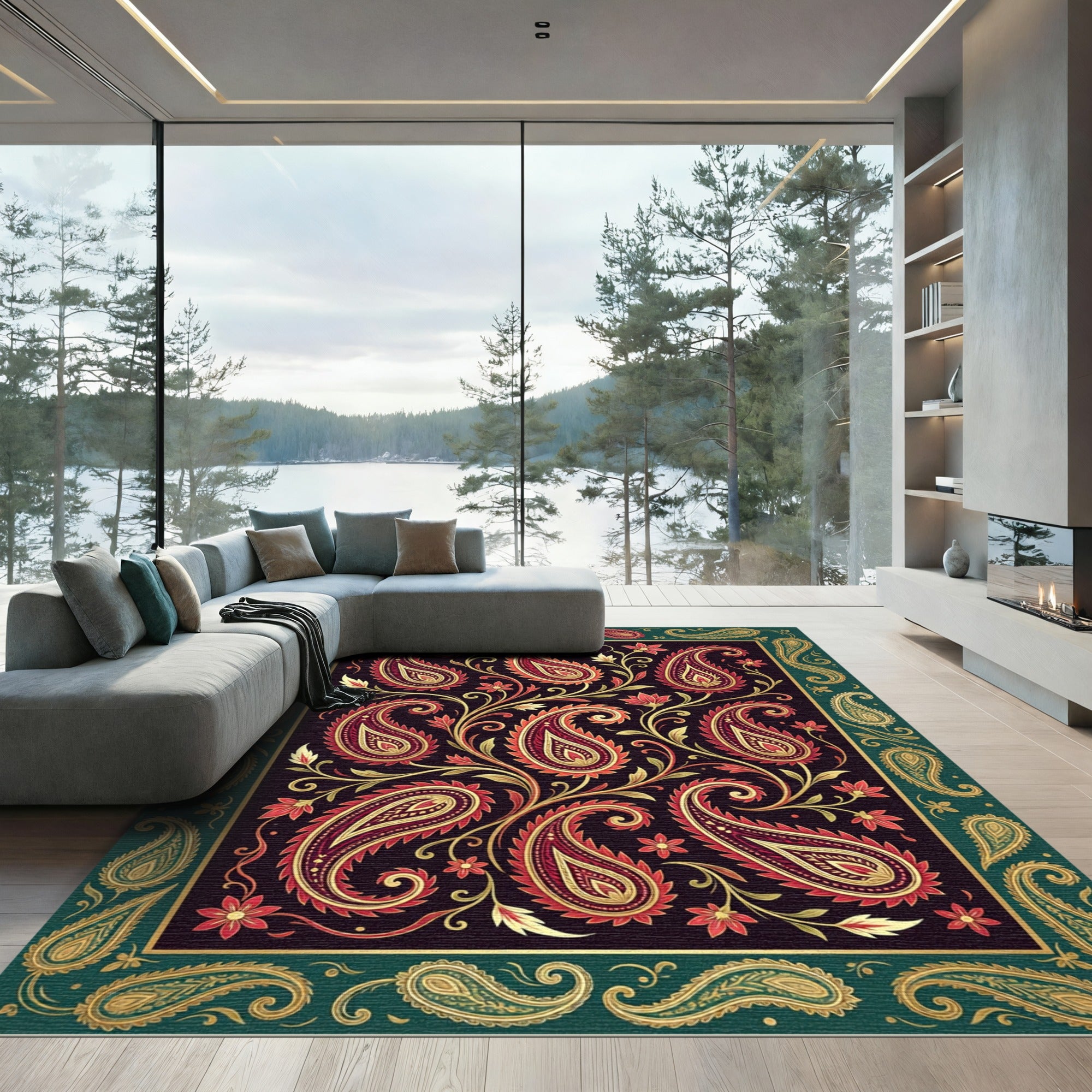 Deep Burgundy and Gold Paisley Art Rug
