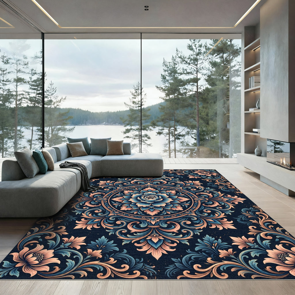 Elegant Navy Blush Floral Damask Rug