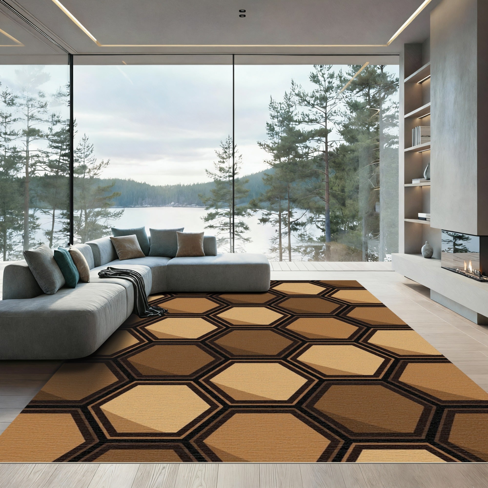 Modern Earthy Brown Geometric Hexagon Rug