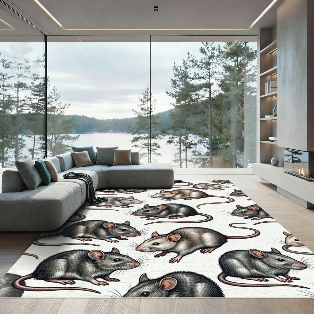 Whimsical Gray Mouse Field Illustration Rug