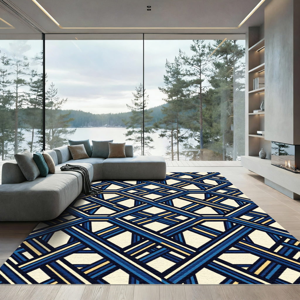 Geometric Navy and Gold Lattice Rug