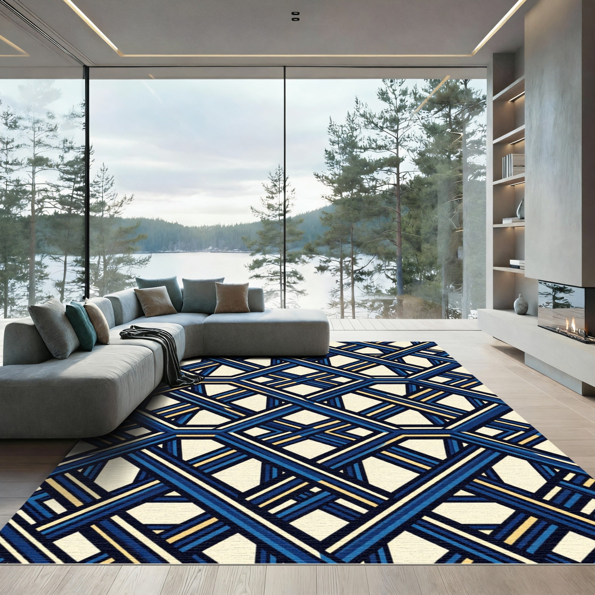 Geometric Navy and Gold Lattice Rug