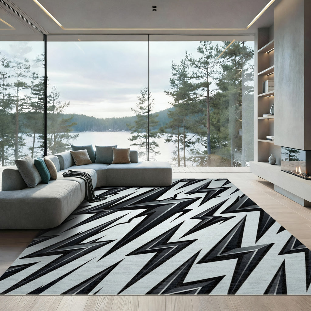 Sharp Black Lightning Bolt Graphic Rug