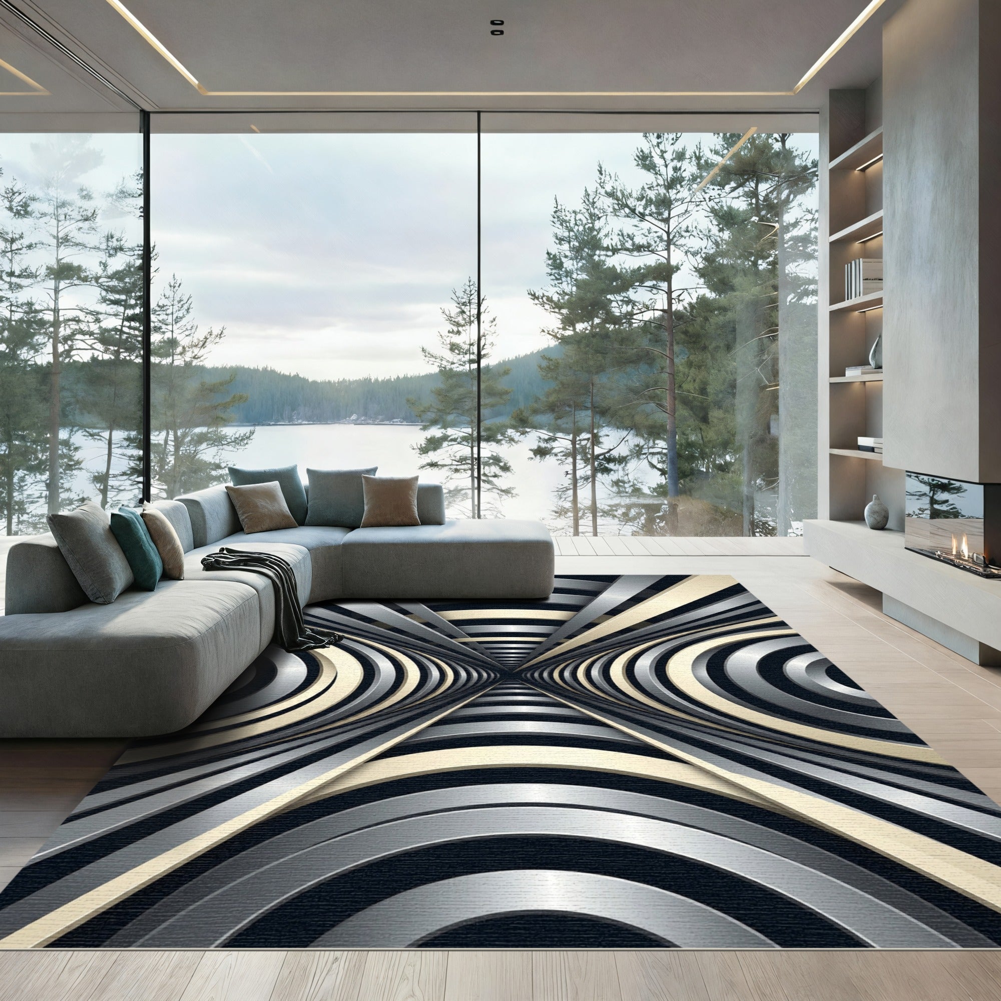 Metallic Silver Abstract Geometric Tunnel Rug