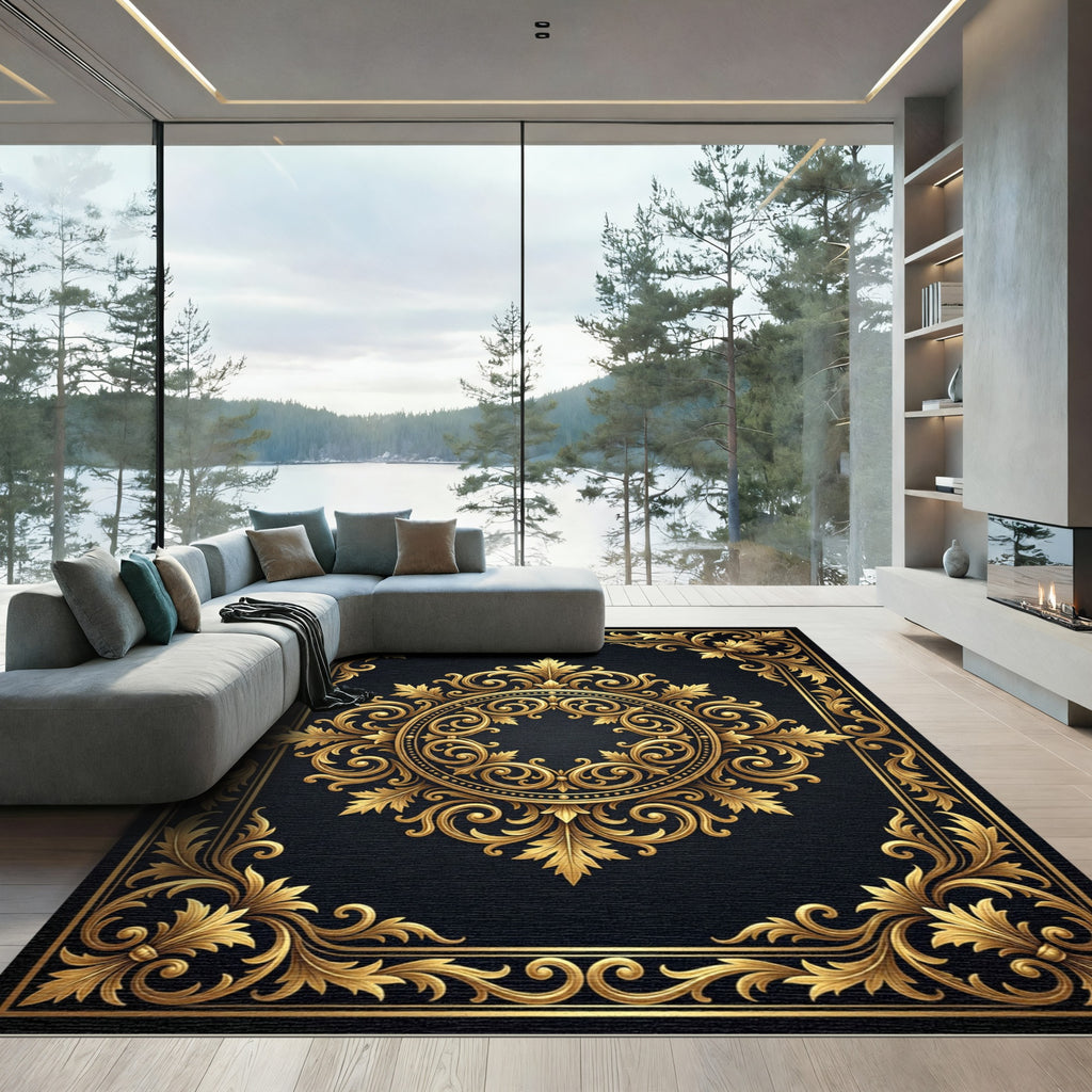 Elegant Golden Baroque Filigree Medallion Rug