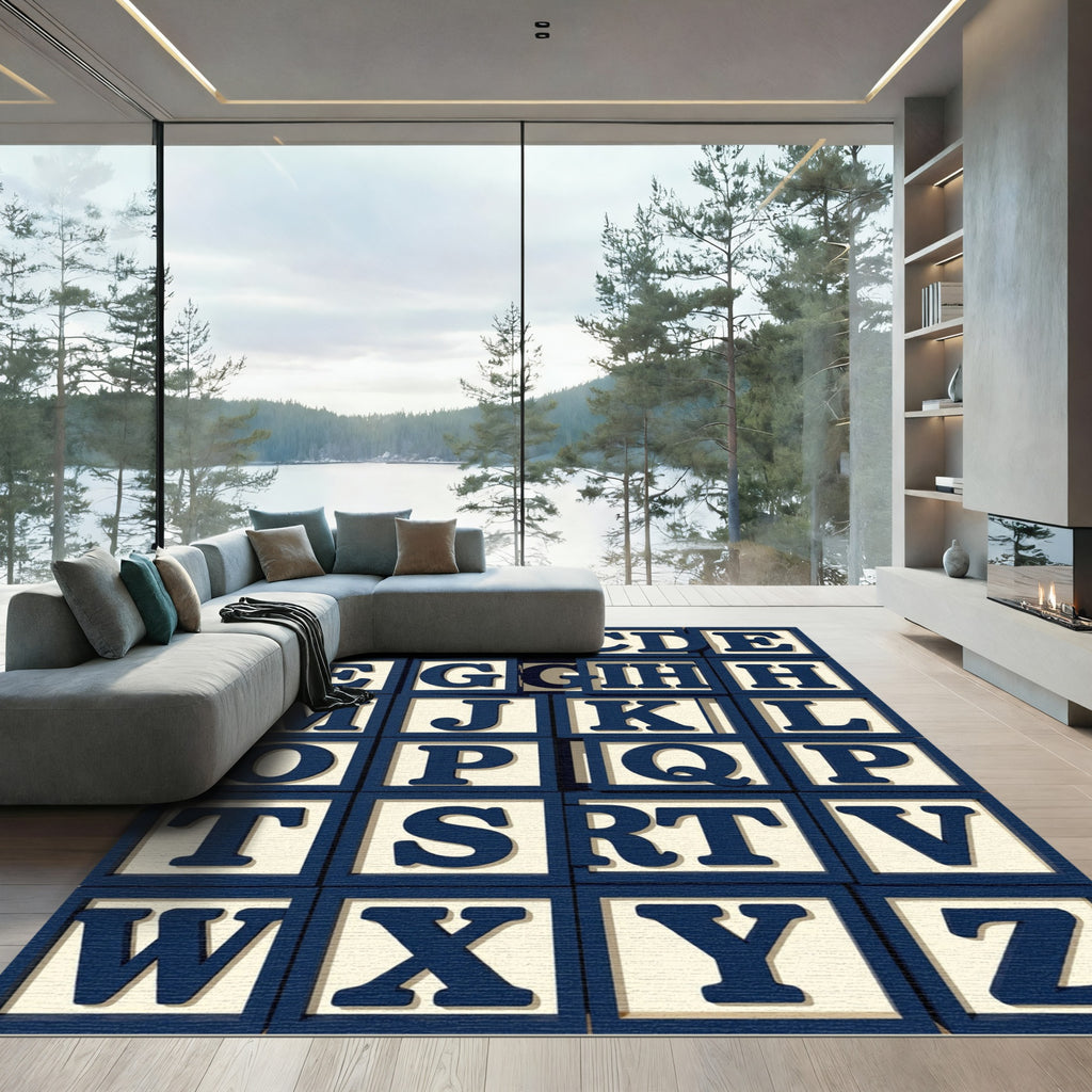 Navy Bold Alphabet Block Tile Grid Rug