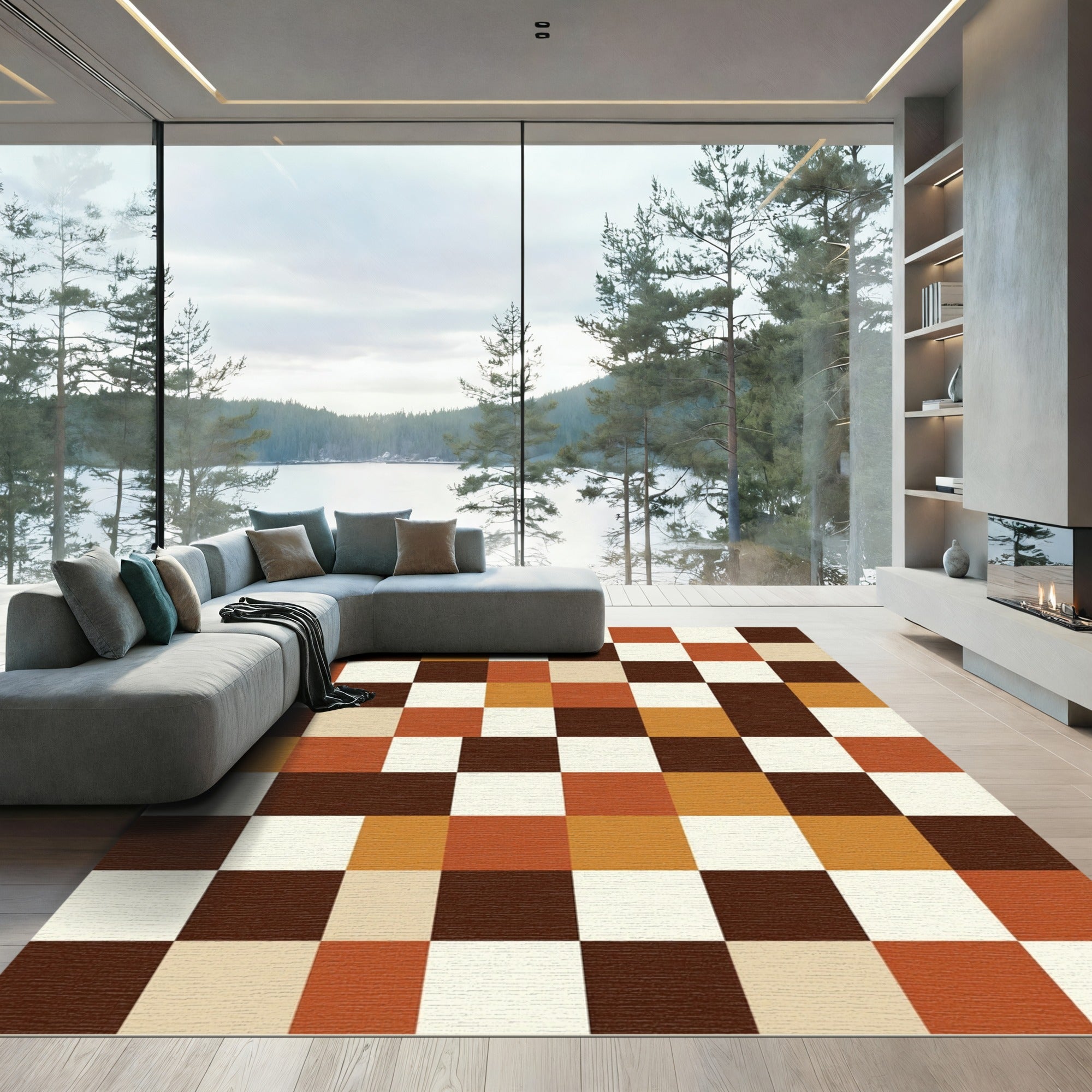 Retro Checkerboard Earth Tone Squares Rug