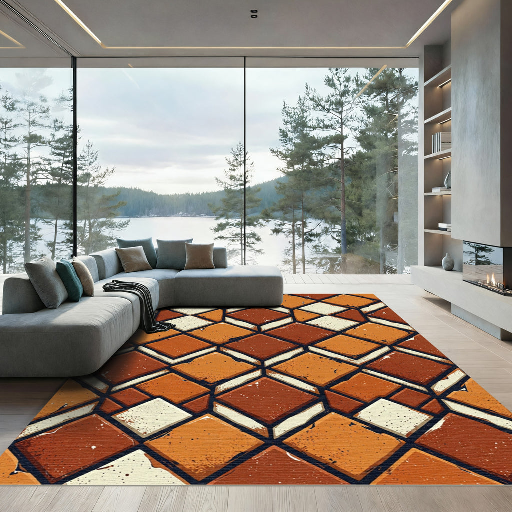 Earthy Terracotta Geometric Diamond Mosaic Rug