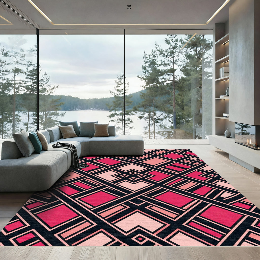 Geometric Magenta and Blush Art Deco Rug