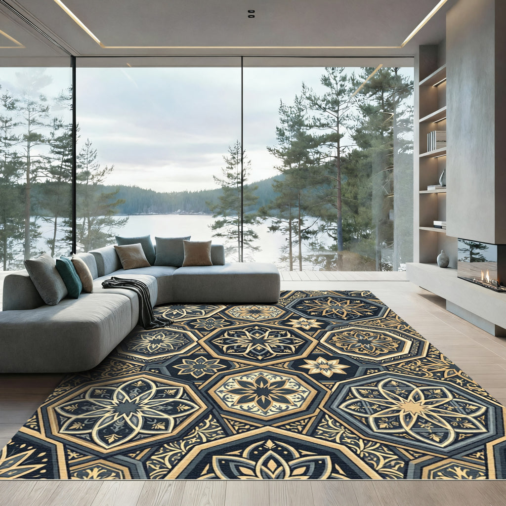 Gold Navy Octagon Geometric Medallion Rug