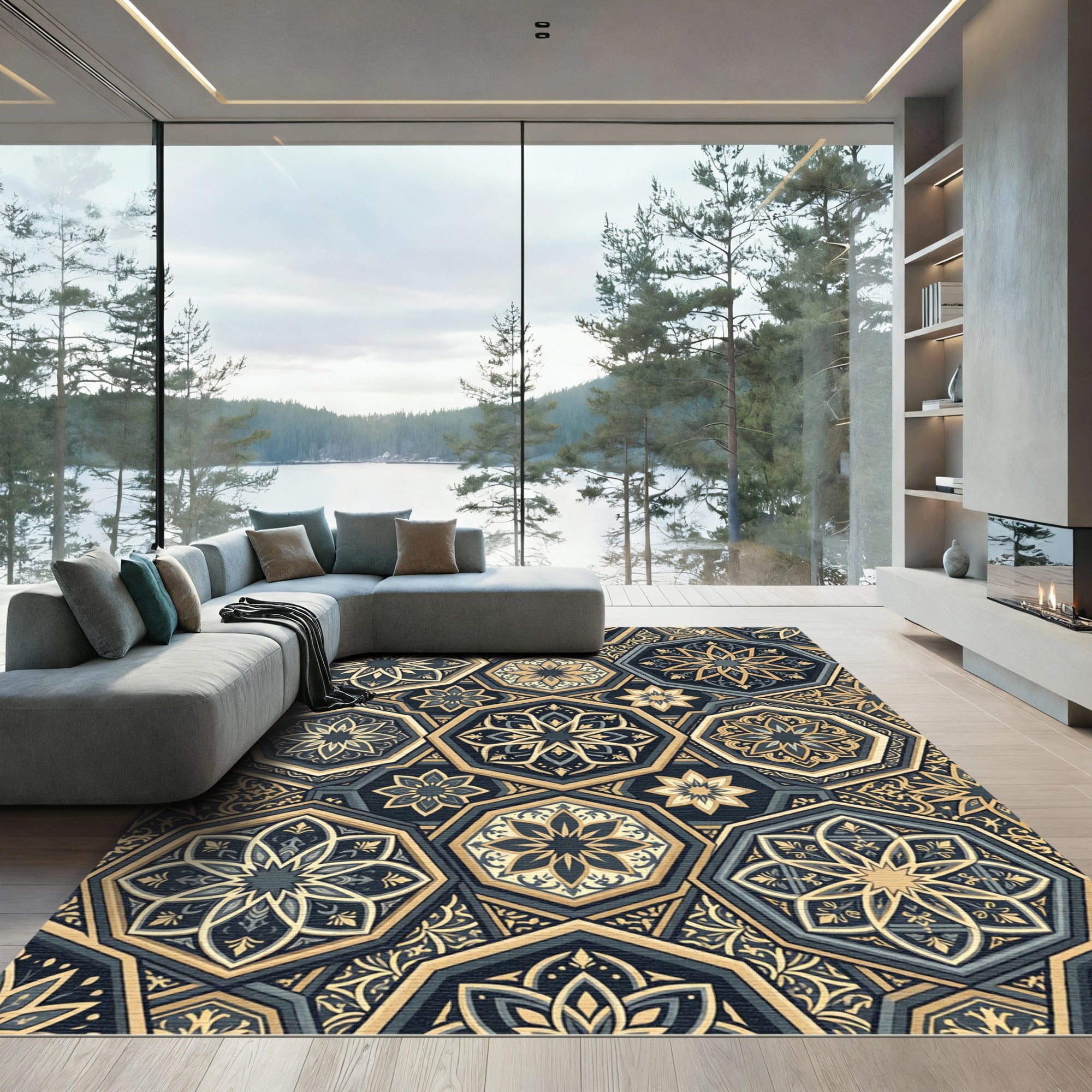 Gold Navy Octagon Geometric Medallion Rug
