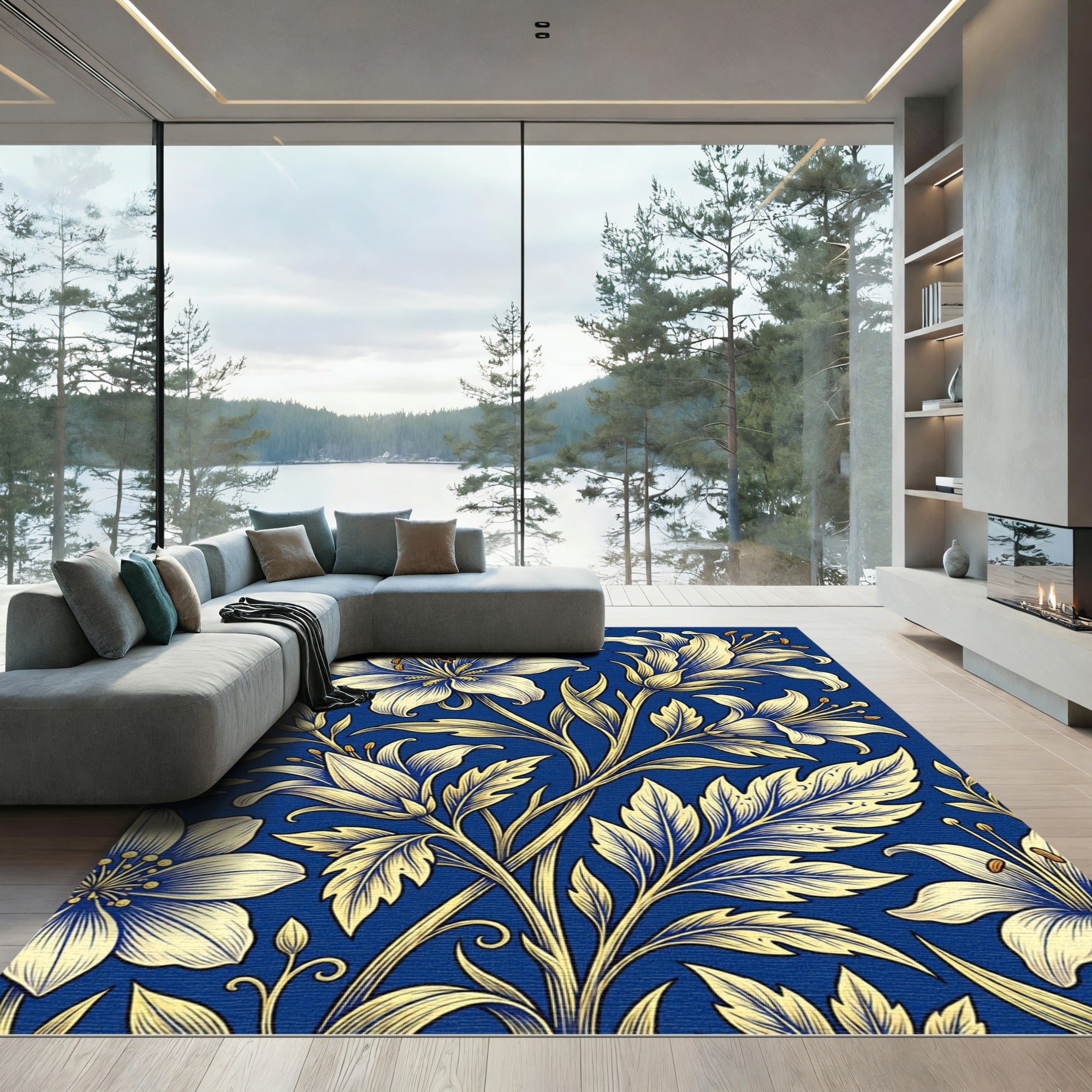 Elegant Golden Lily Floral Cobalt Rug