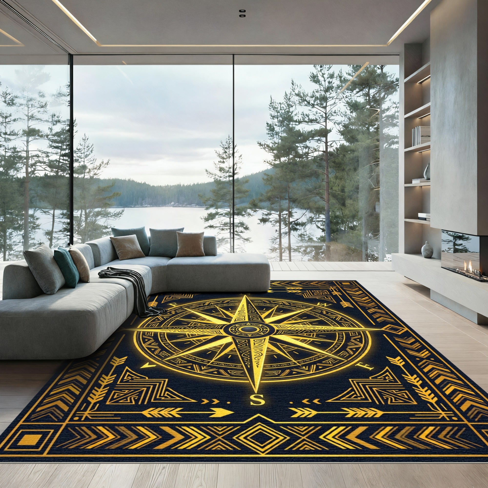 Golden Celestial Compass Geometric Art Rug