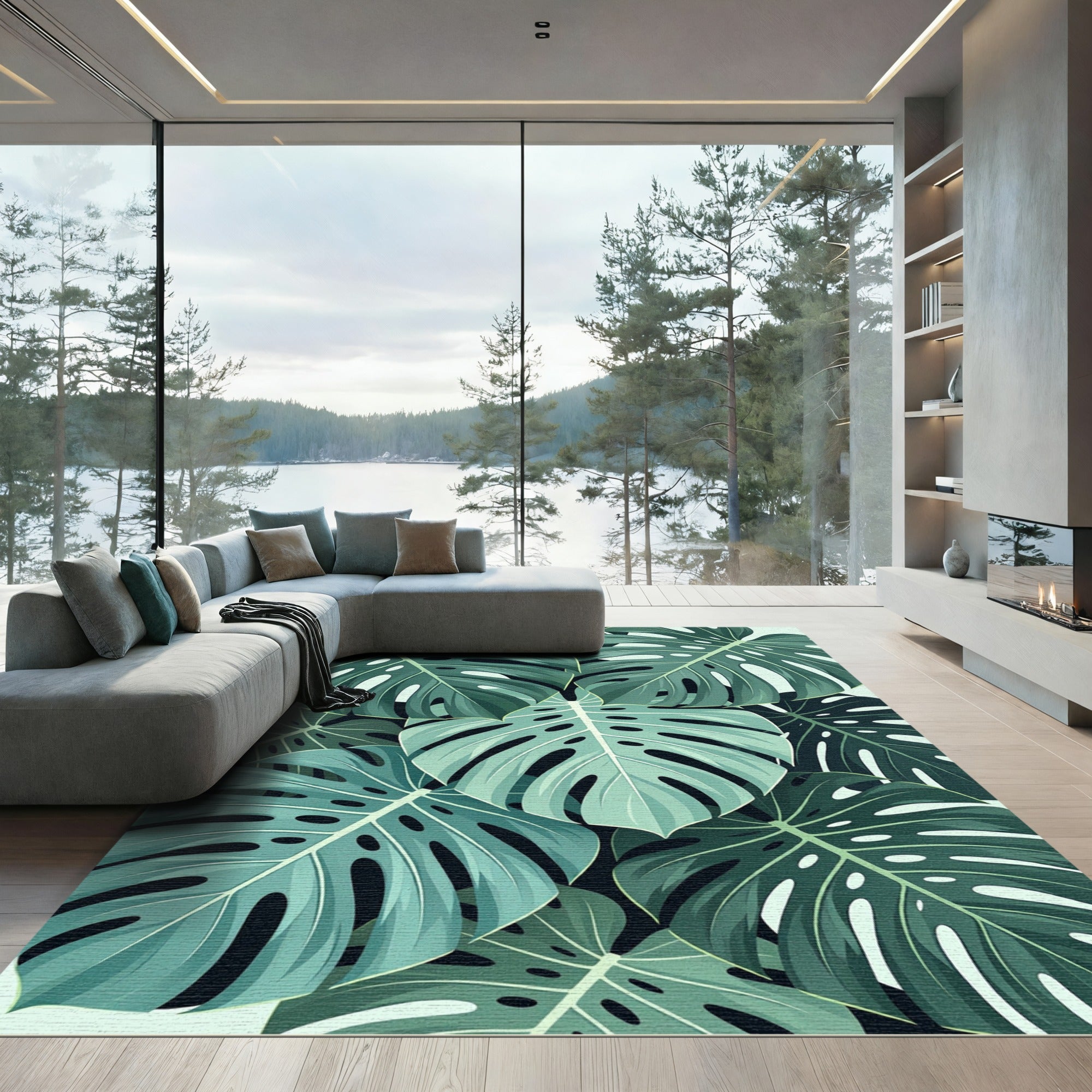 Coastal Teal Tropical Monstera Leaves Rug