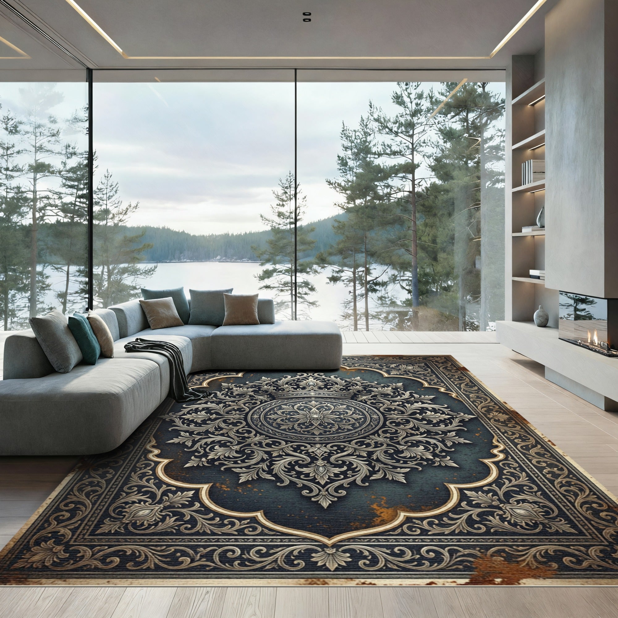 Ornate Royal Silver Floral Medallion Rug