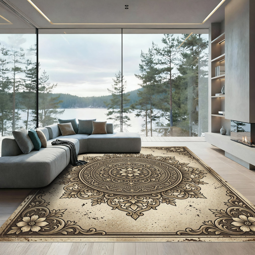 Vintage Beige Ornamental Floral Medallion Rug