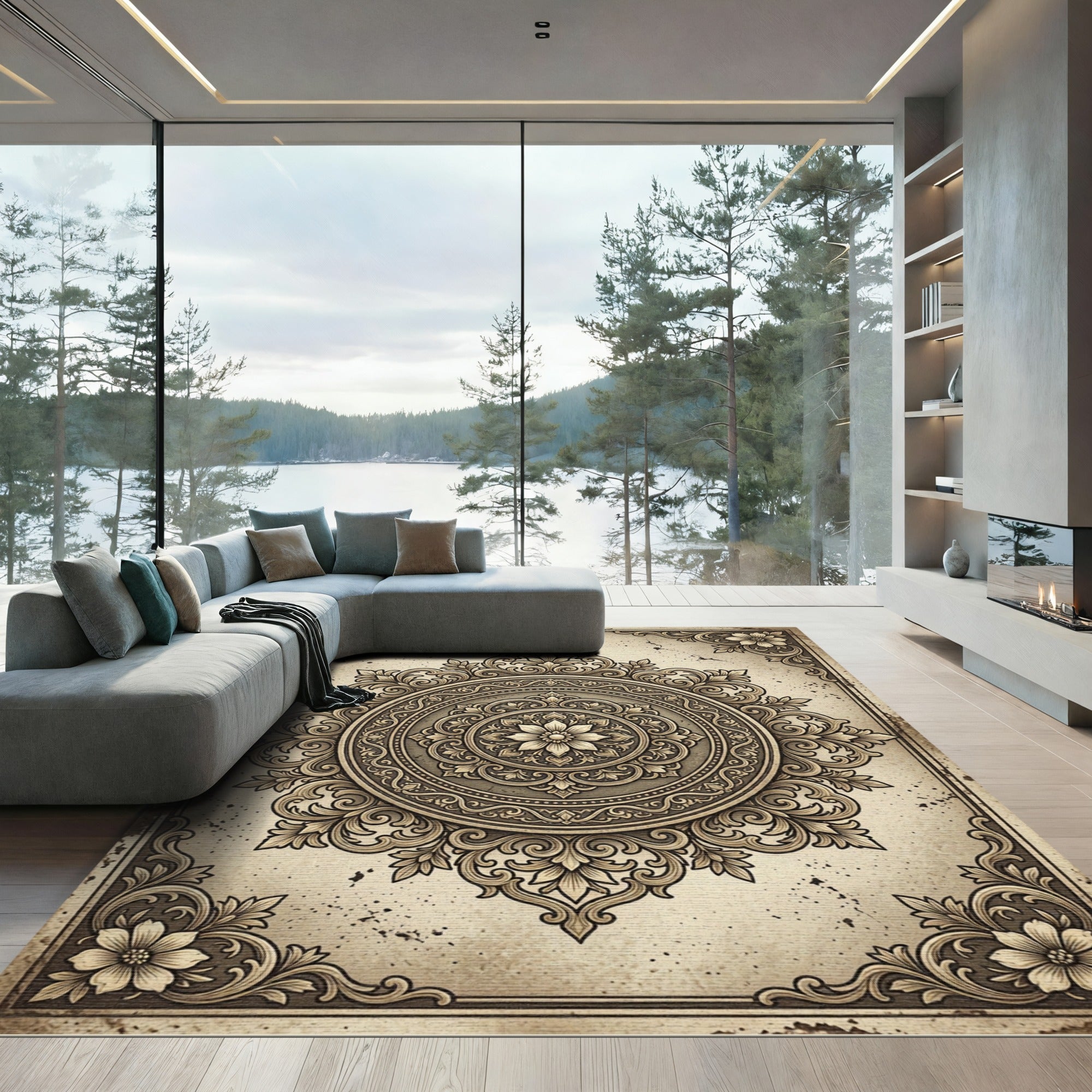 Vintage Beige Ornamental Floral Medallion Rug