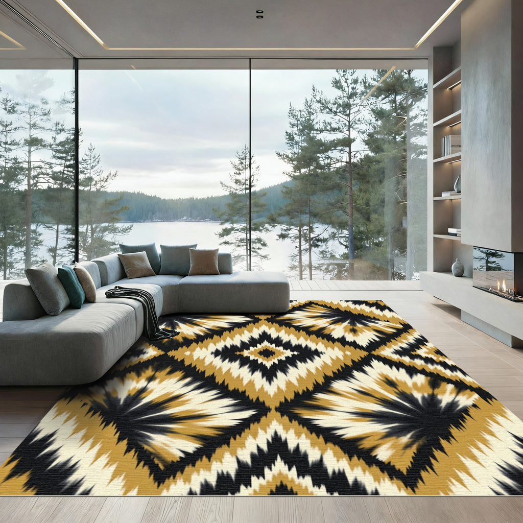 Golden Black Cream Diamond Bloom Rug