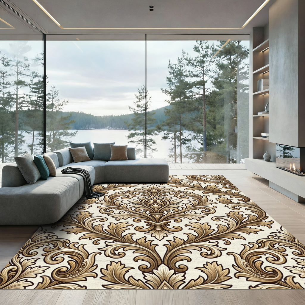 Elegant Gold Damask Acanthus Scroll Rug