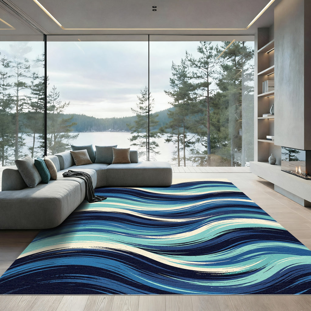 Modern Navy Blue Abstract Swirling Ocean Rug