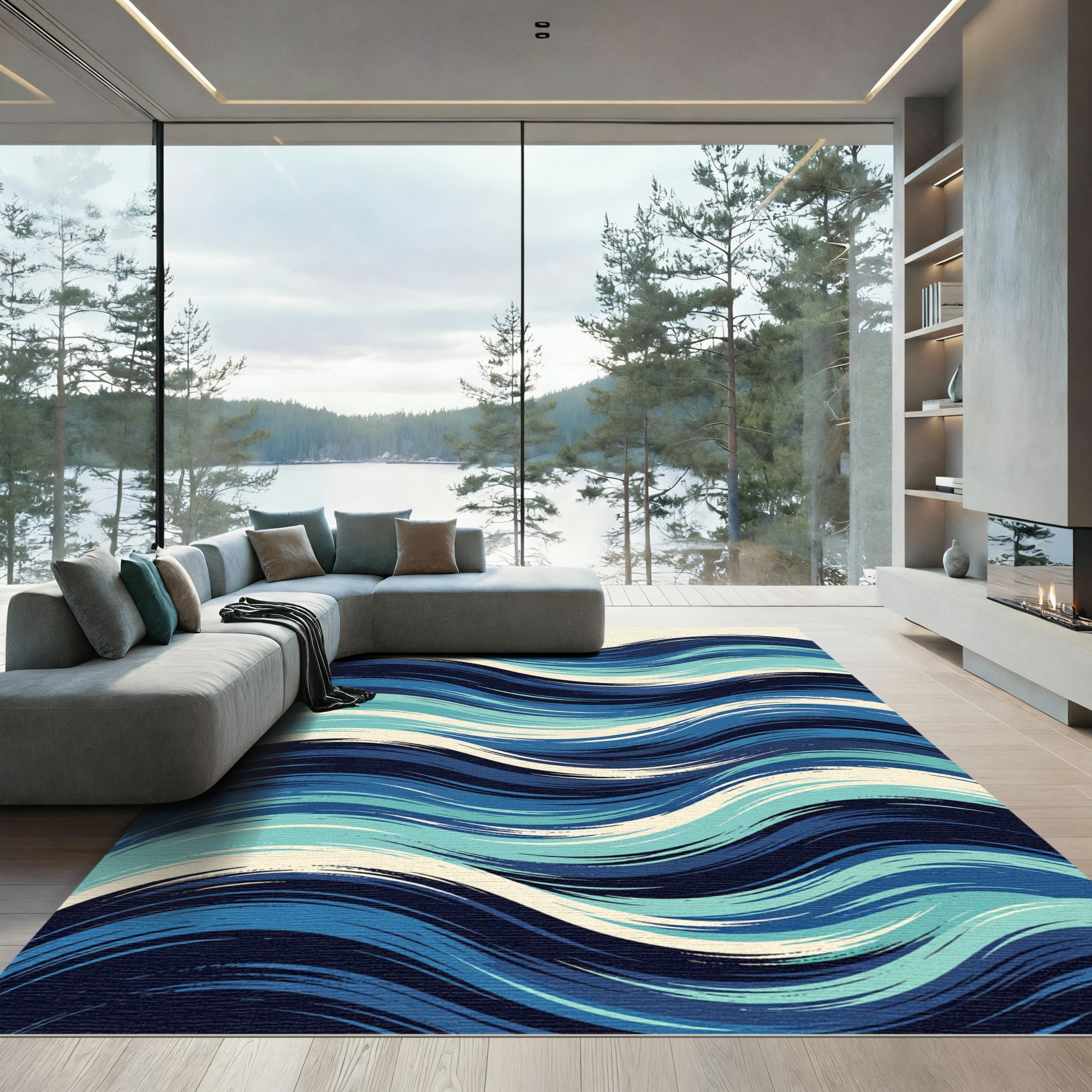 Modern Navy Blue Abstract Swirling Ocean Rug