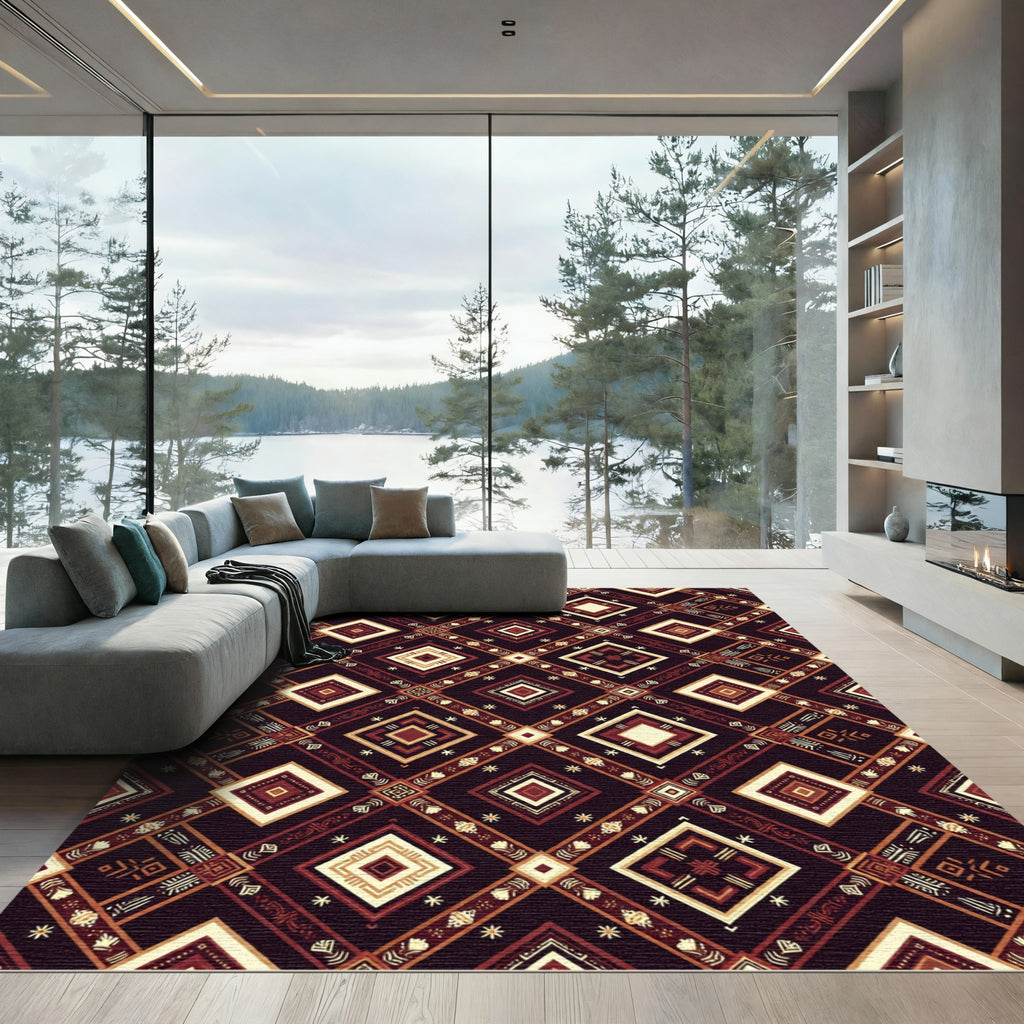 Dark Crimson Geometric Diamond Weave Rug
