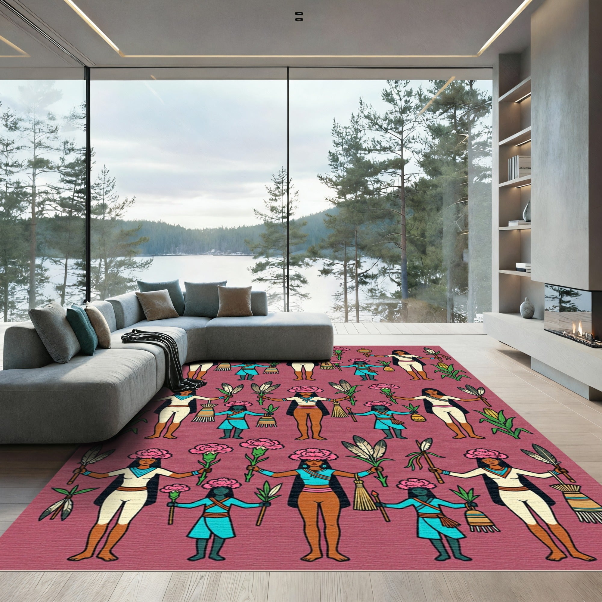 Native American Figures Floral Corn Pattern Rug