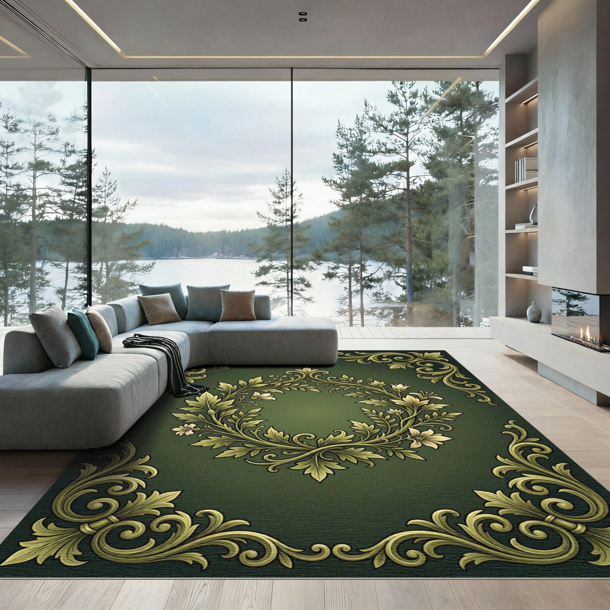 Elegant Sage Gold Ornate Botanical Wreath Rug
