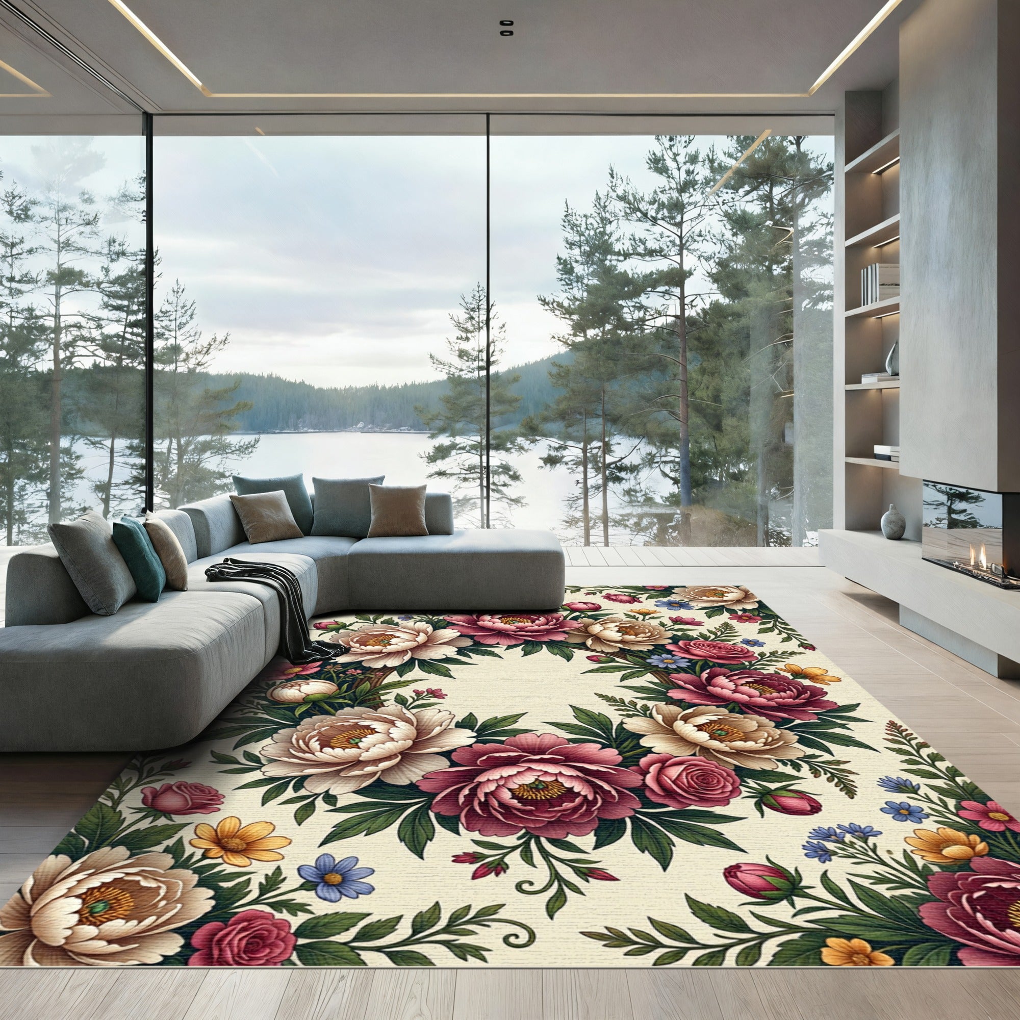 Floral Peony Wreath Cream Circular Frame Rug