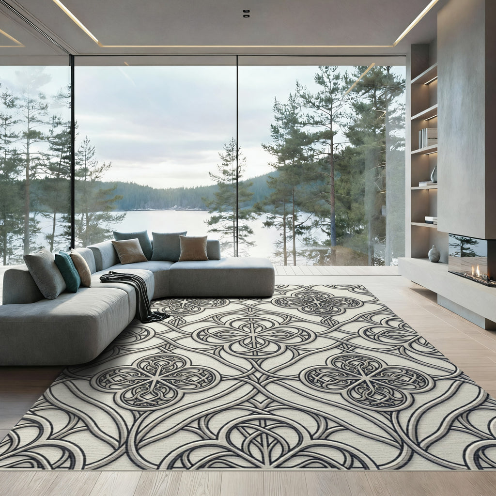Elegant Silver Gothic Quatrefoil Scrollwork Rug