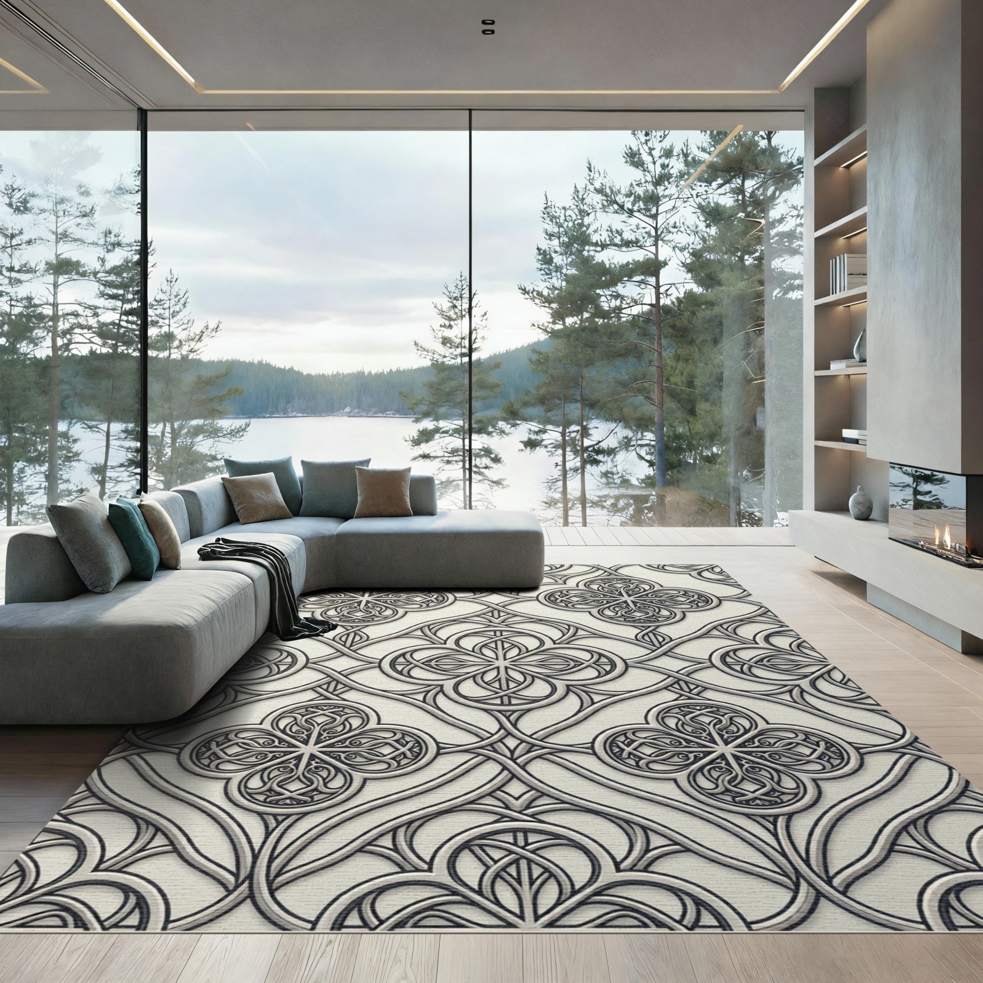 Elegant Silver Gothic Quatrefoil Scrollwork Rug
