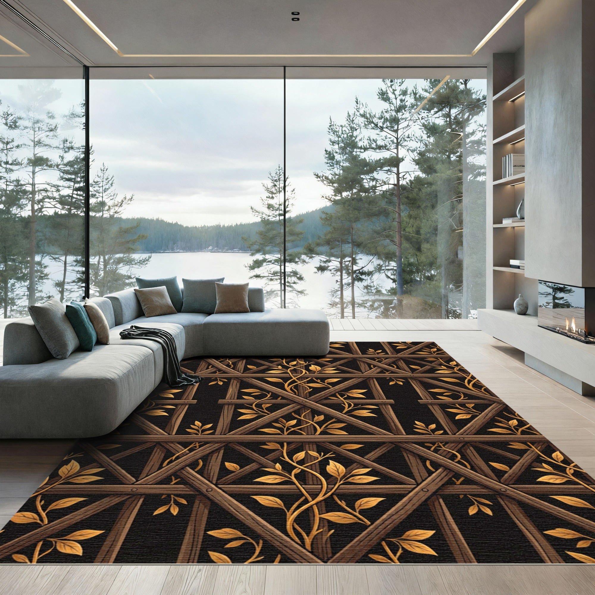 Wooden Lattice Gold Leaf Climbing Vine Rug