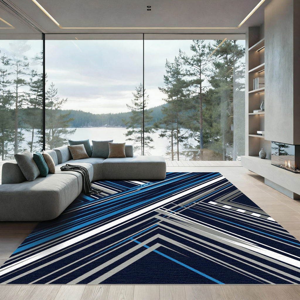 Modern Blue and Silver Diagonal Stripe Rug
