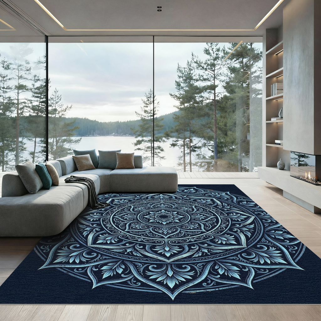 Midnight Blue Ornate Celestial Mandala Rug