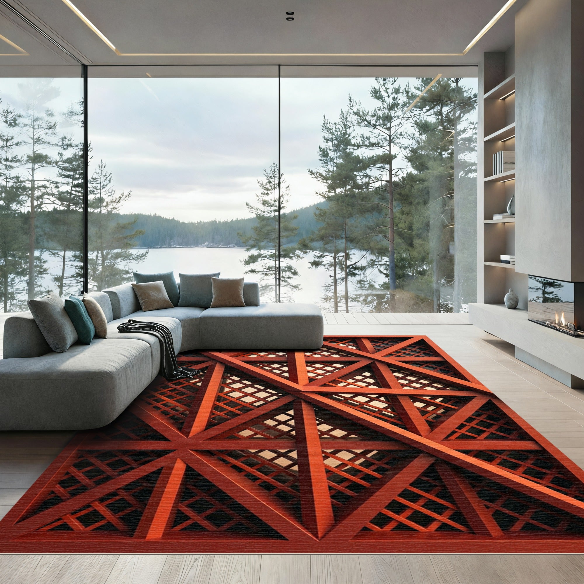 Geometric Burnt Orange Lattice Grid Rug