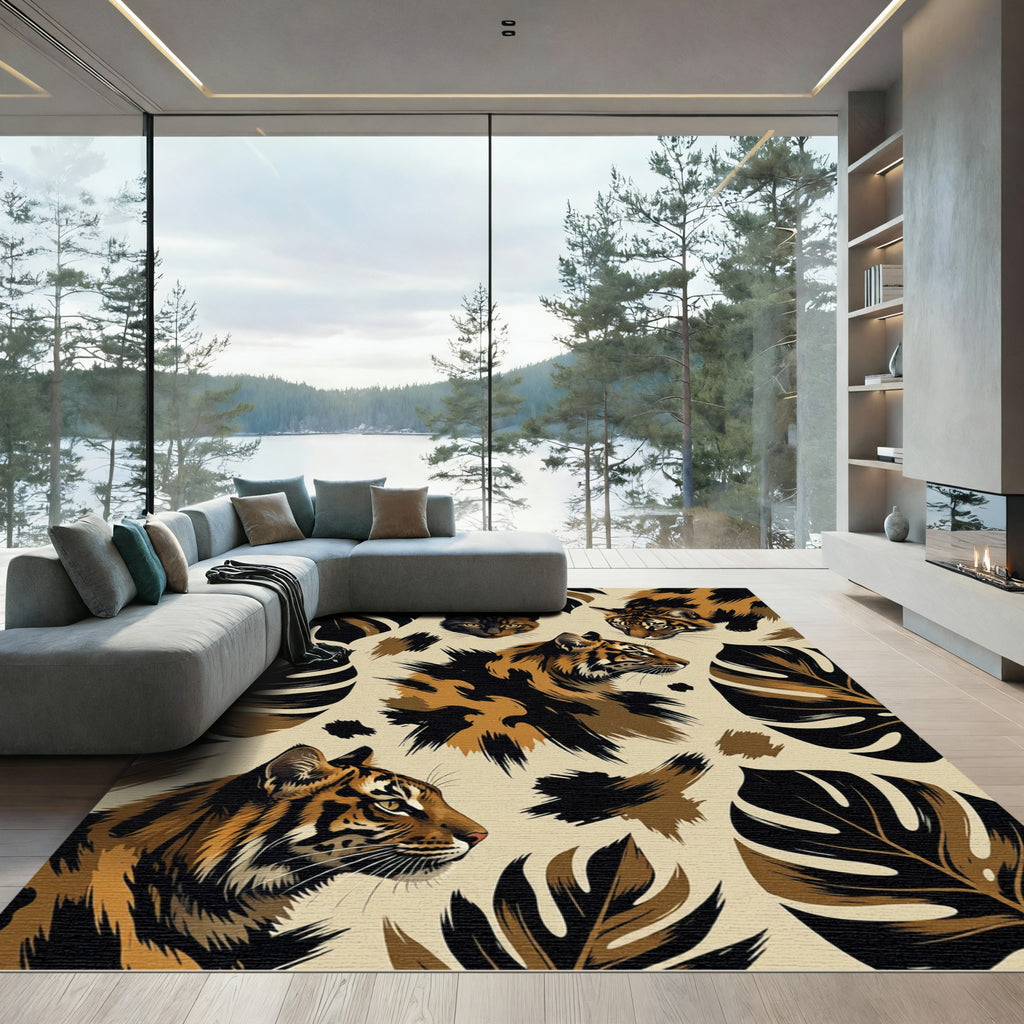 Earthy Tiger Jungle Leaf Art Rug