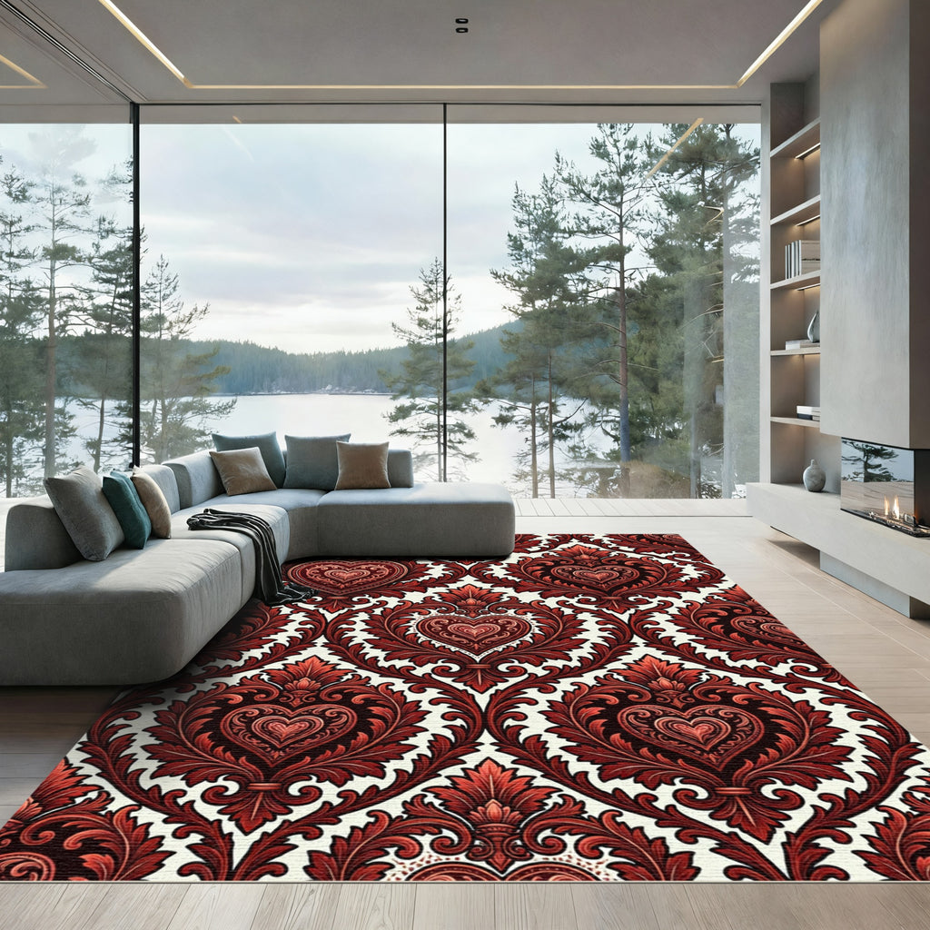 Victorian Crimson Heart Damask Rug