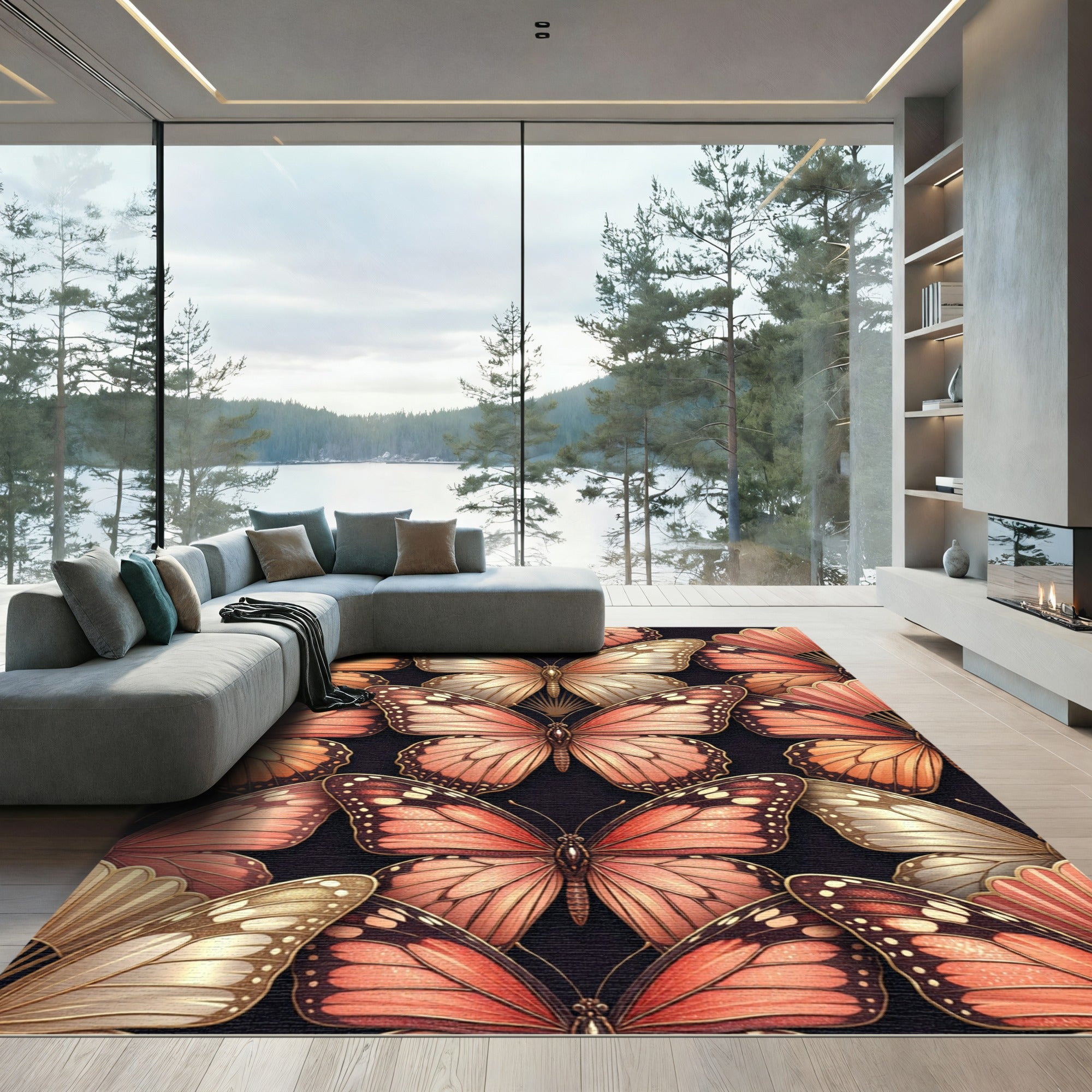 Coral Peach Butterfly Garden Rug