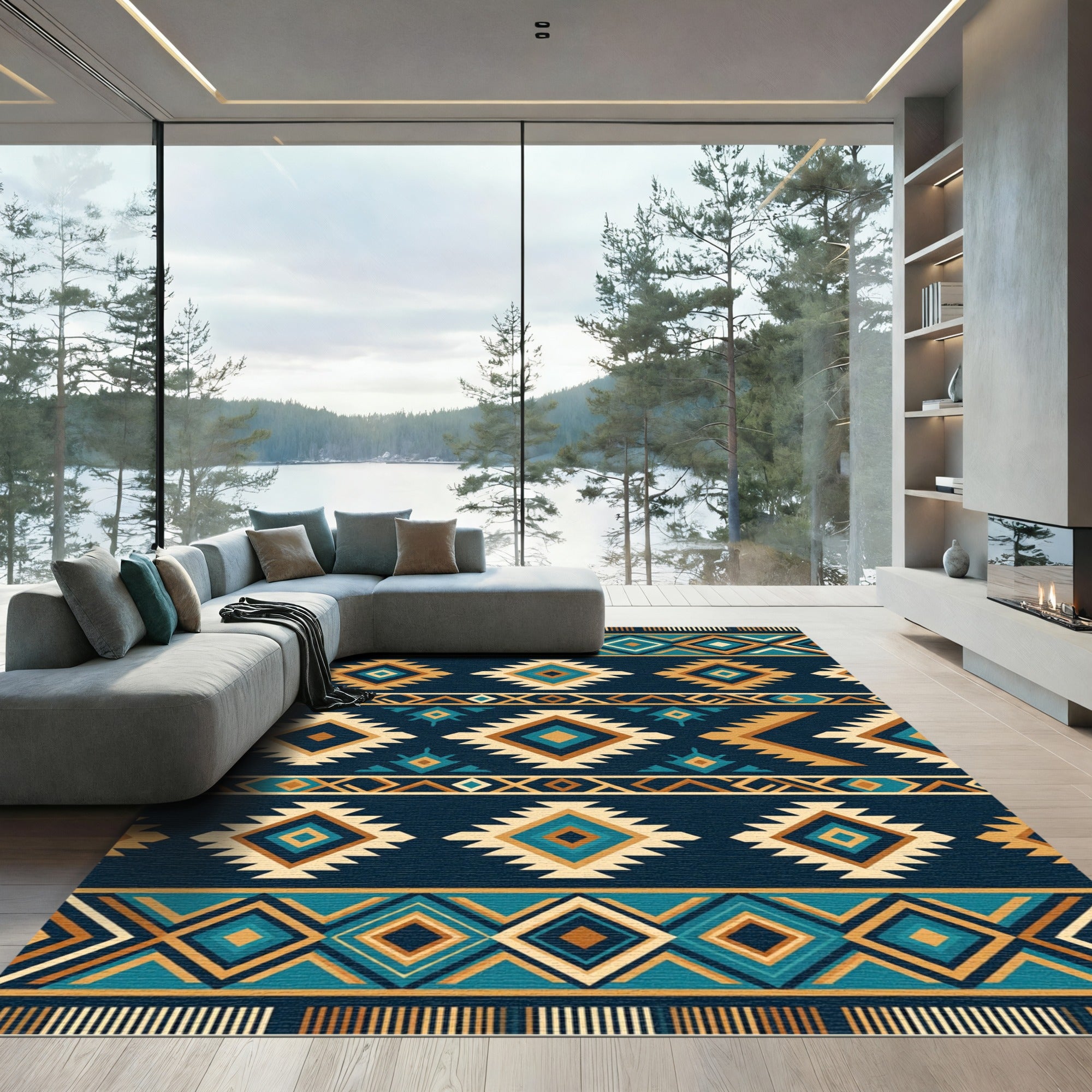 Geometric Teal and Ochre Diamond Rug