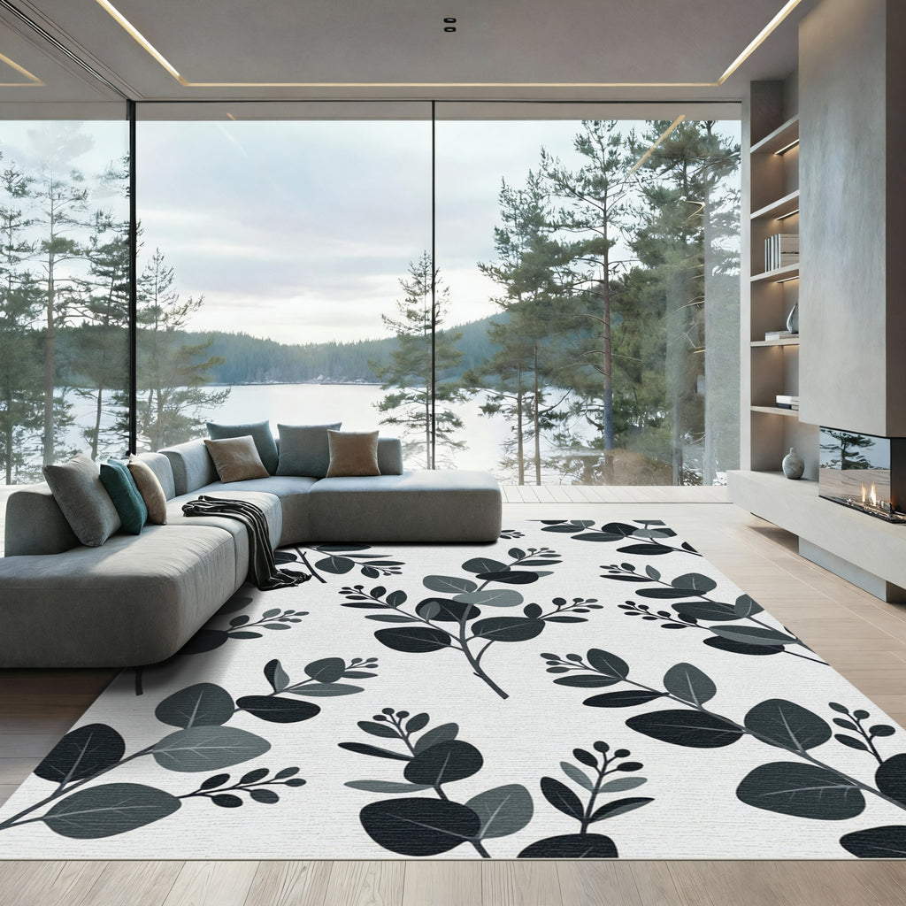 Minimalist Monochrome Eucalyptus Leaf Branch Rug
